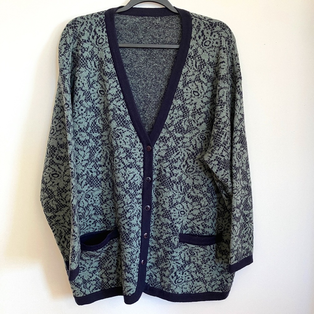 Jones New York Navy Blue & Sage Green Floral Cardigan Sweater